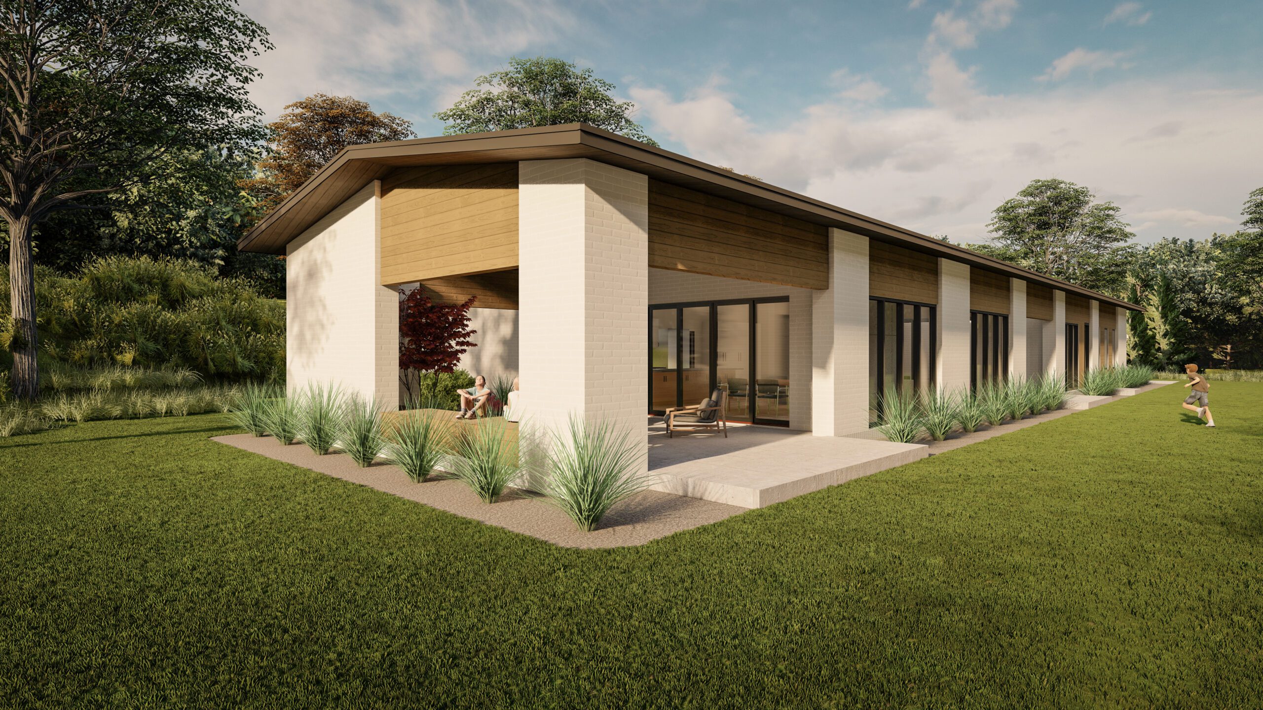 Courtyard House porch white brick wood accents