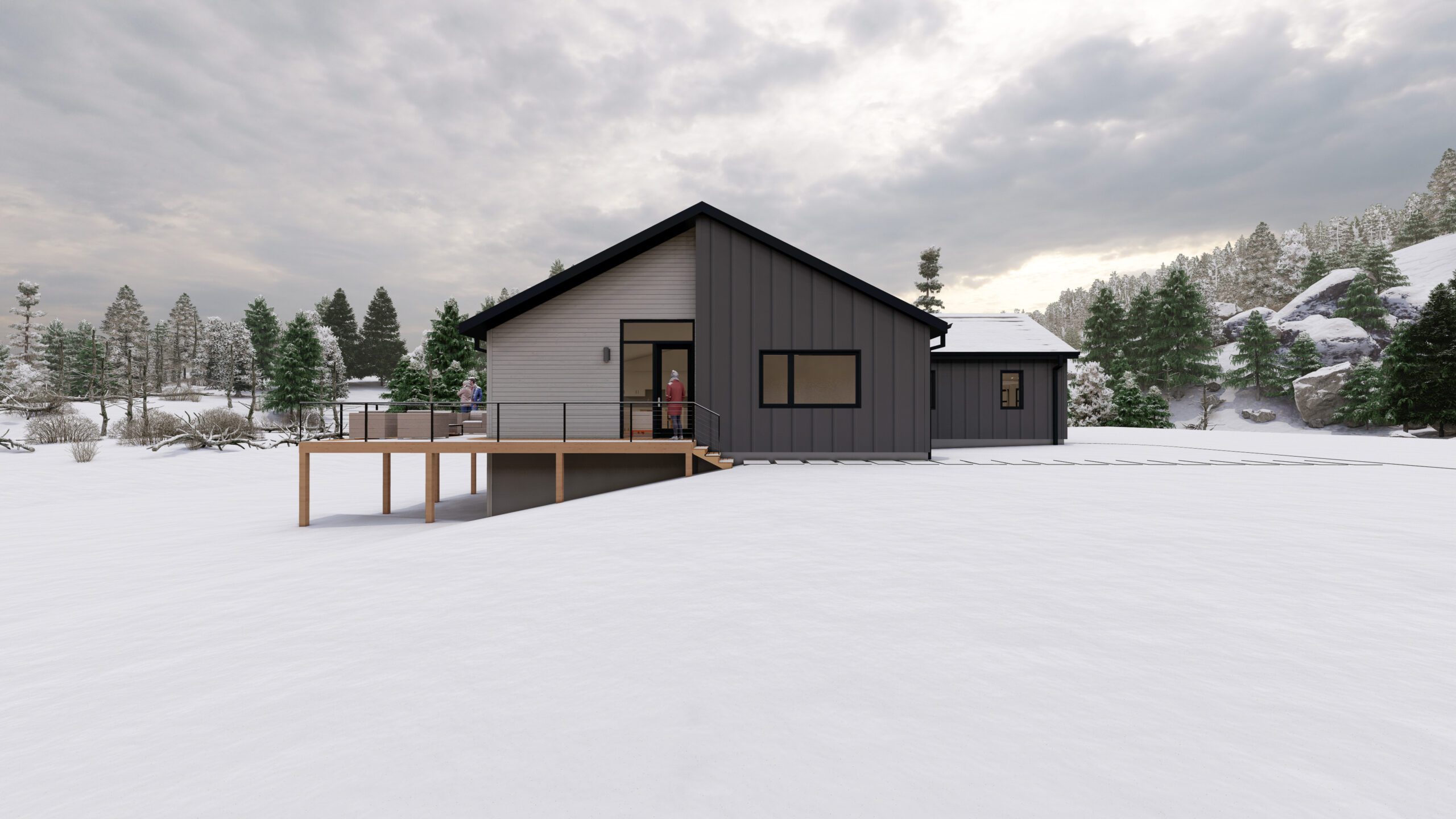 Green Mountain House Black and Gray Siding Snow