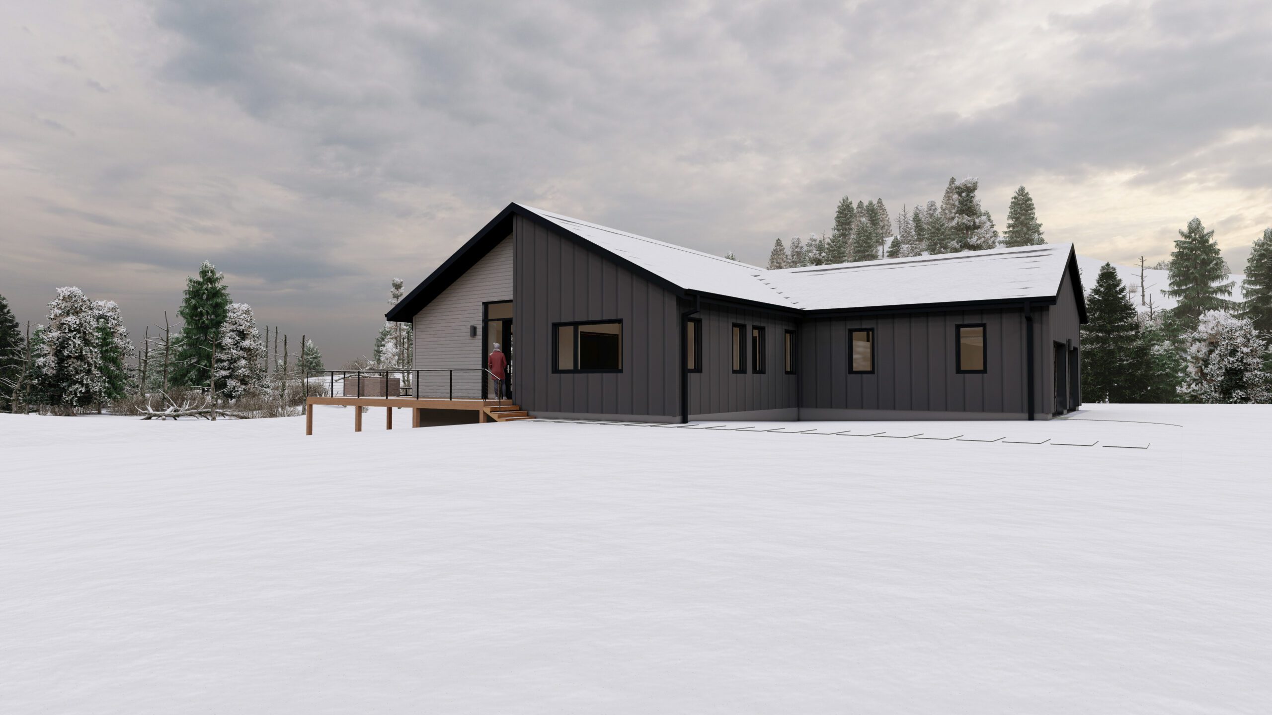 Green Mountain House Black and Gray Siding Snow