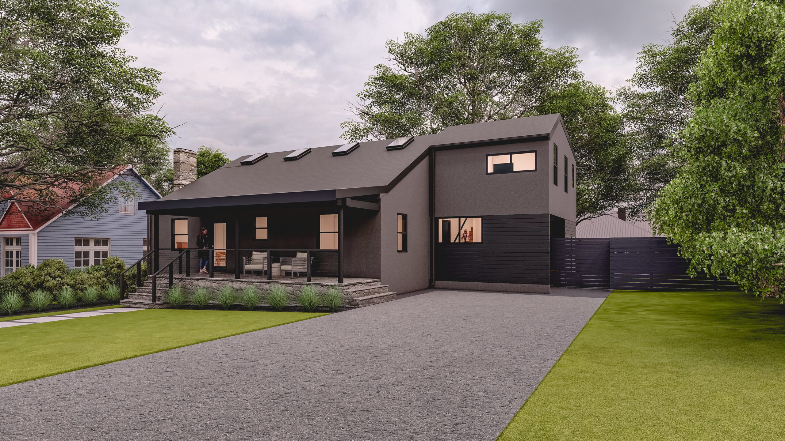 Modern Cottage Addition Gray Stucco Black Siding