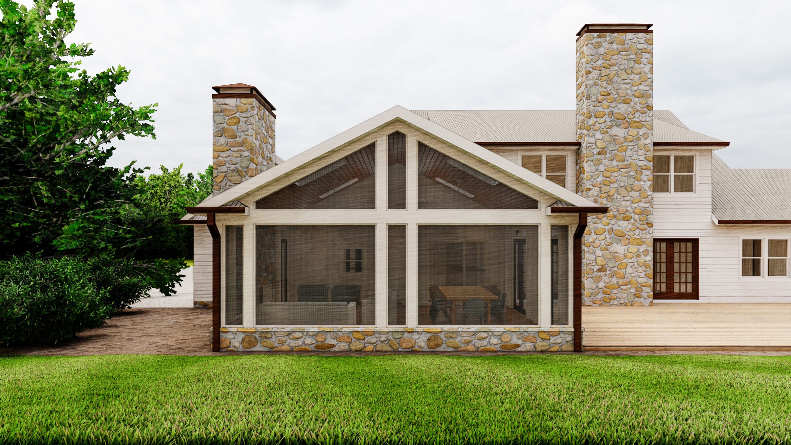 Traditional Screen Porch Addition Stone Fireplace Stone Foundation