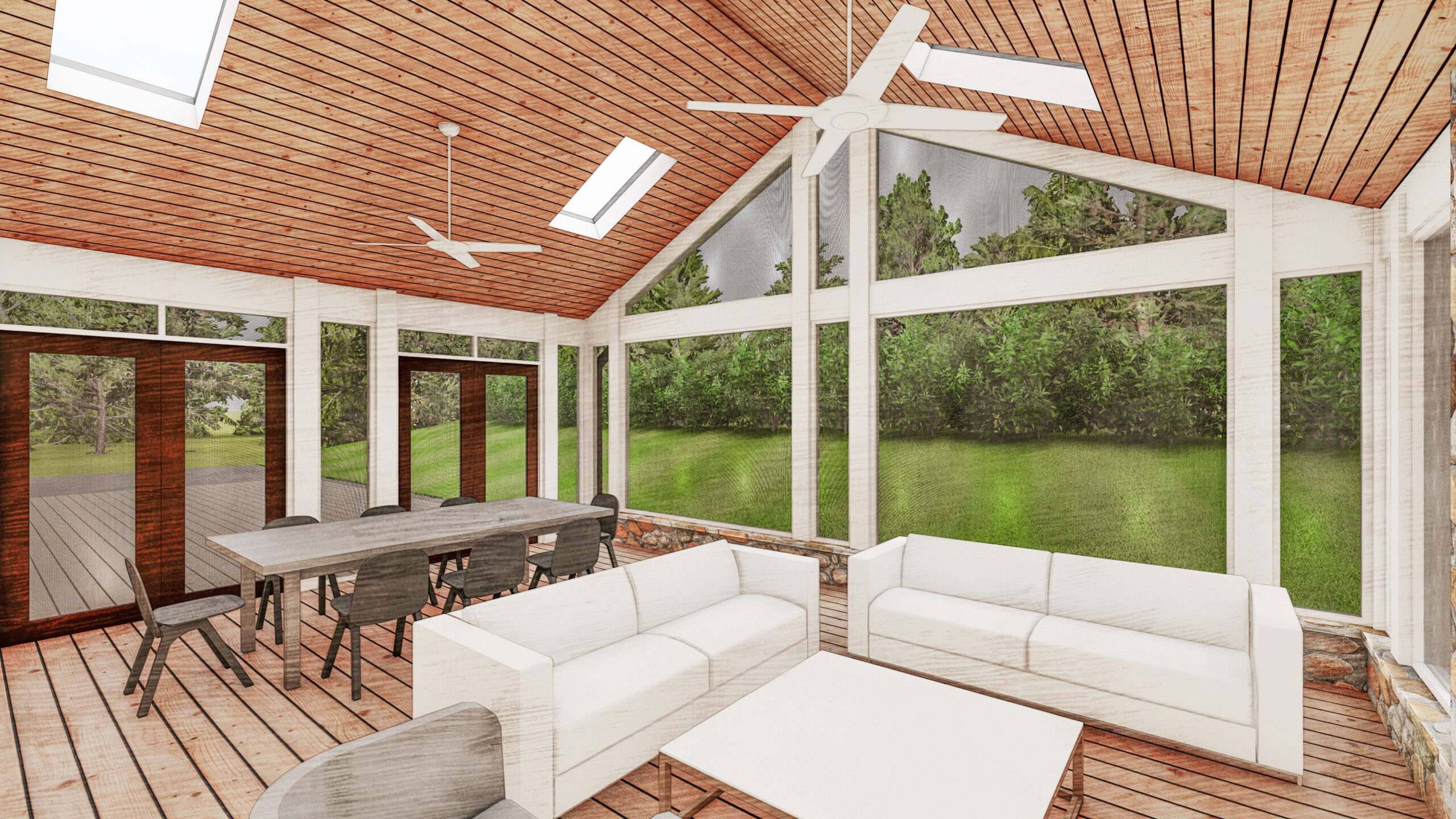 Traditional Screen Porch Interior Wood Ceiling Skylights