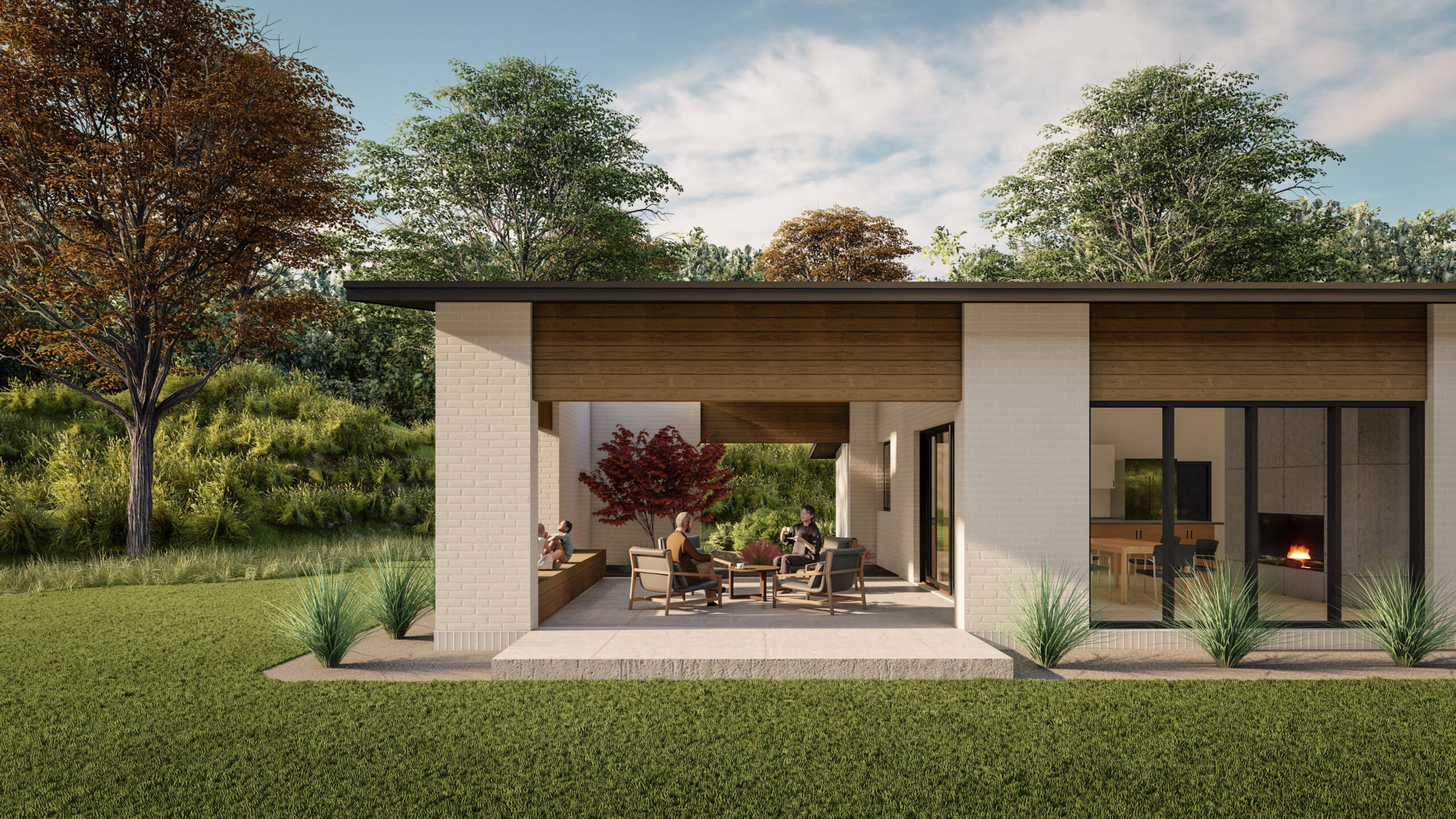 Courtyard House Porch white brick wood accents